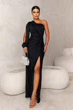 Delia | Abito da Donna Maxi Monospalla Satin Twist con Spacco Nero