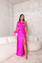 Delia | Abito da Donna Maxi Monospalla Satin Twist con Spacco Magenta