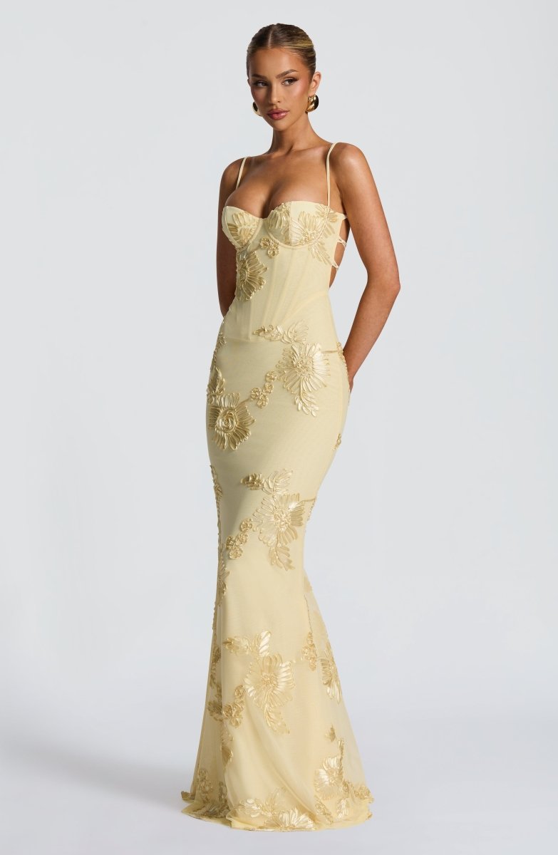Diana | Abito Lungo da Donna in Pizzo Floreale Corsetto Sirena Giallo