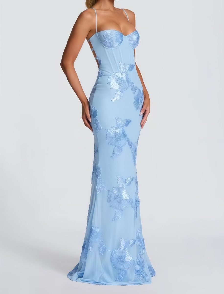 Diana | Abito Lungo da Donna in Pizzo Floreale Corsetto Sirena Azzurro