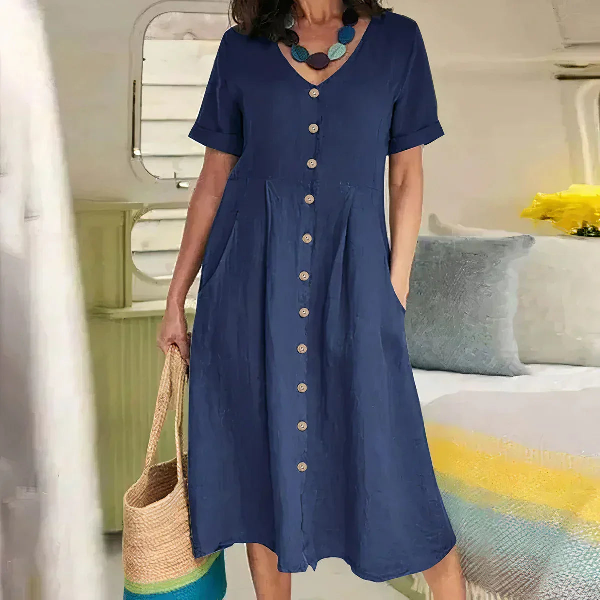 Dovira | Abito Elegante In Lino Da Donna Scollo A V Con Bottoni Midi 1