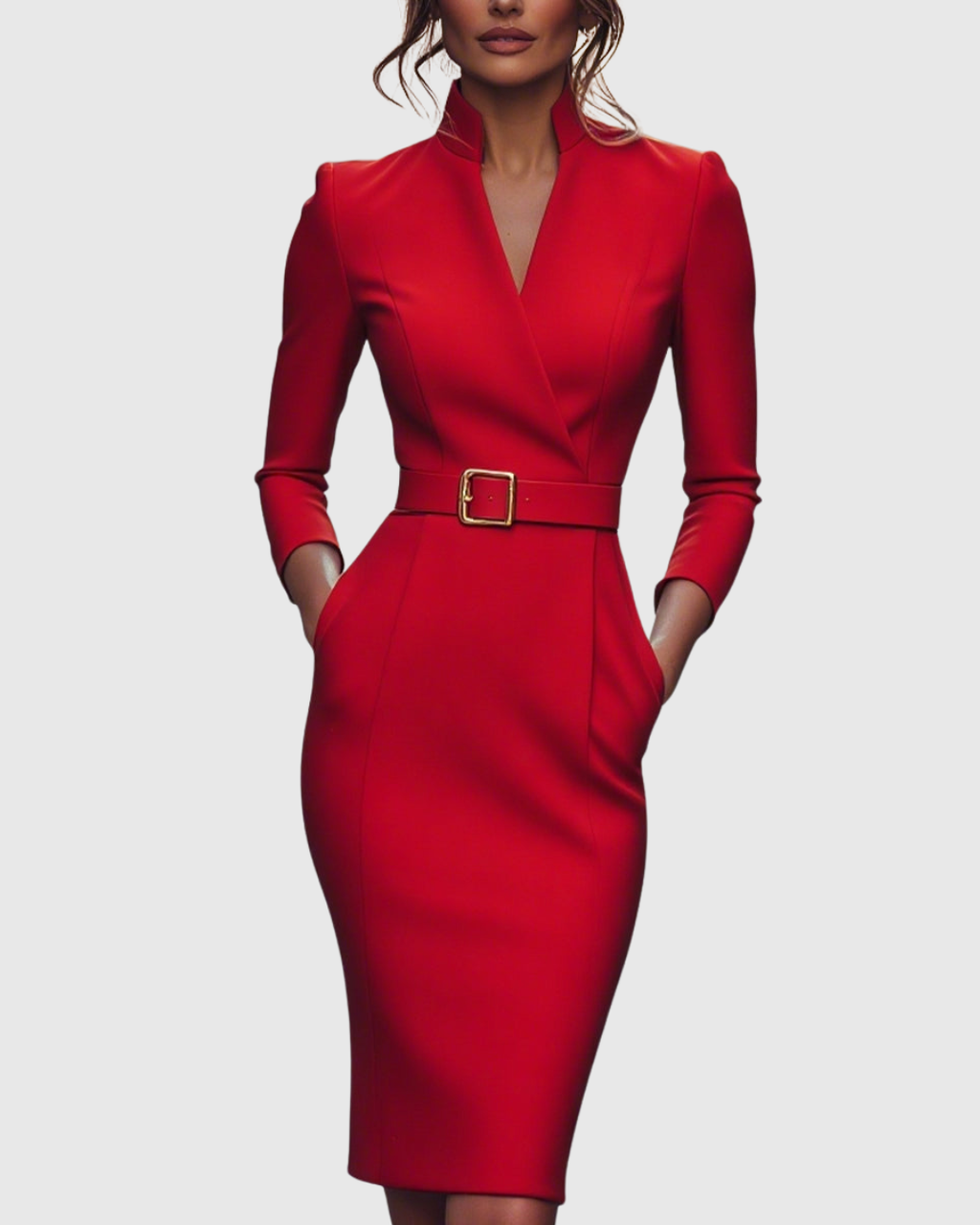 Driva | Abito Midi Aderente da Donna Scollo a V con Cintura Rosso