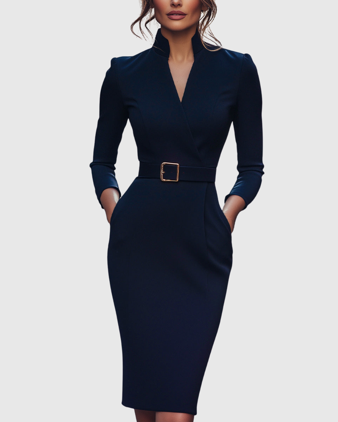 Driva | Abito Midi Aderente da Donna Scollo a V con Cintura Blu Navy