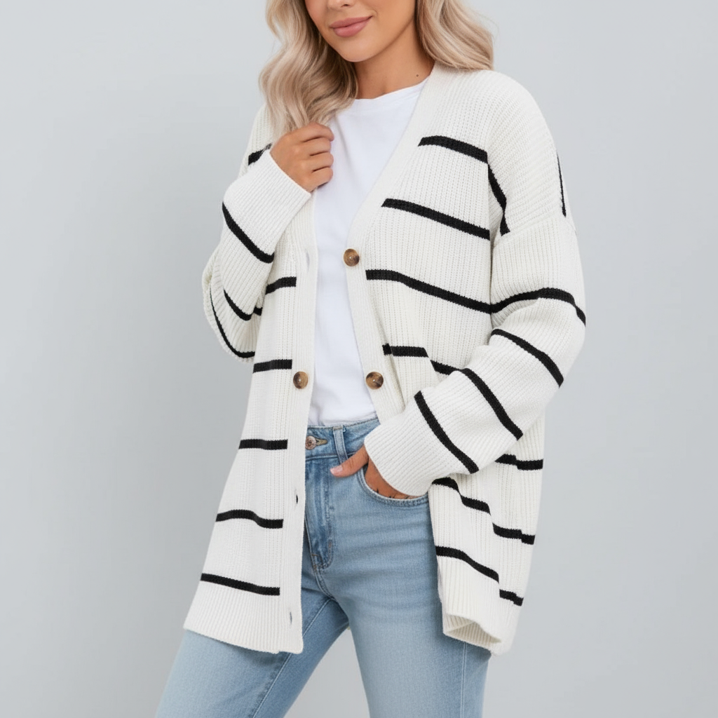 Elara | Cardigan Lungo a Righe con Bottoni Bianco a Righe