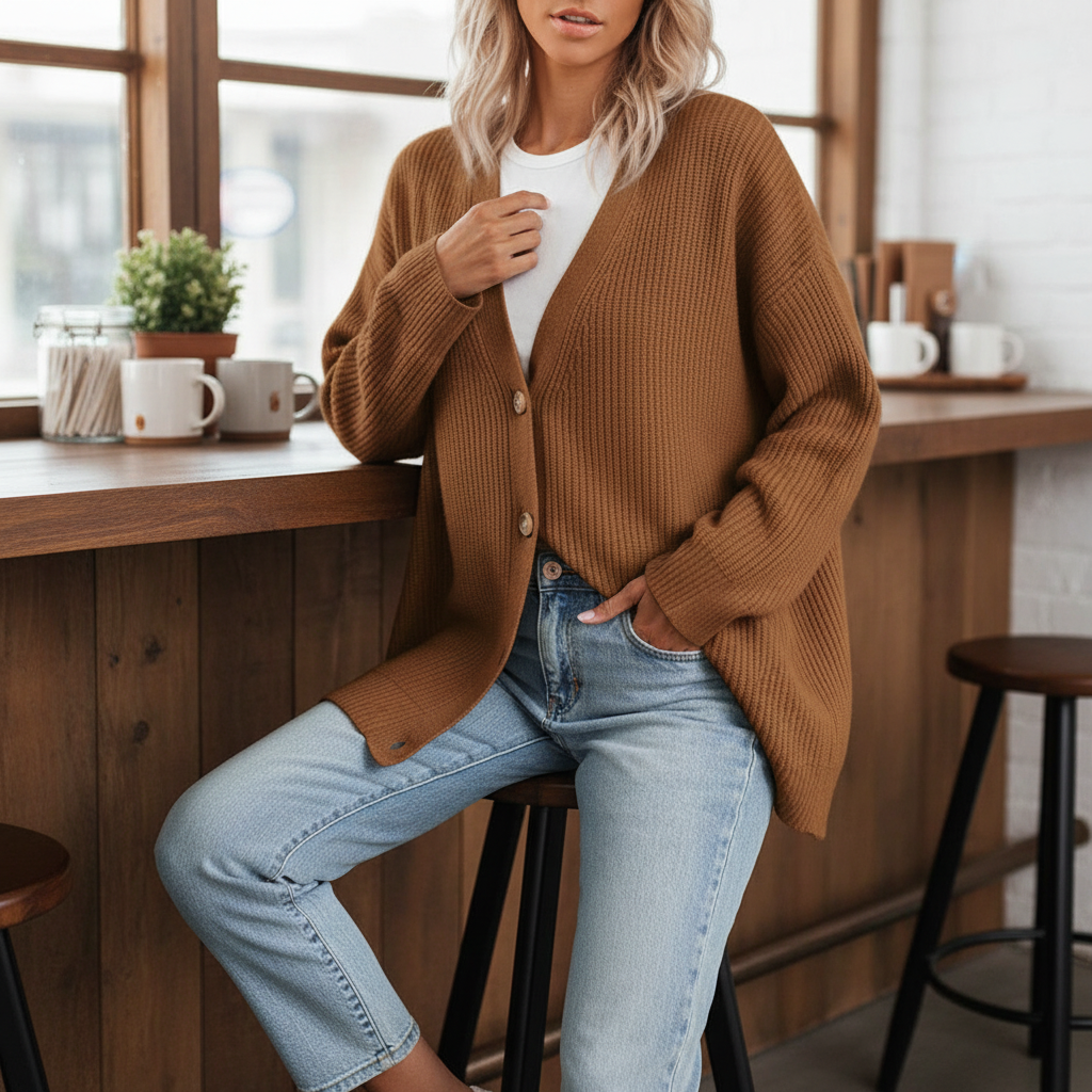 Elara | Cardigan Lungo a Righe con Bottoni Marrone