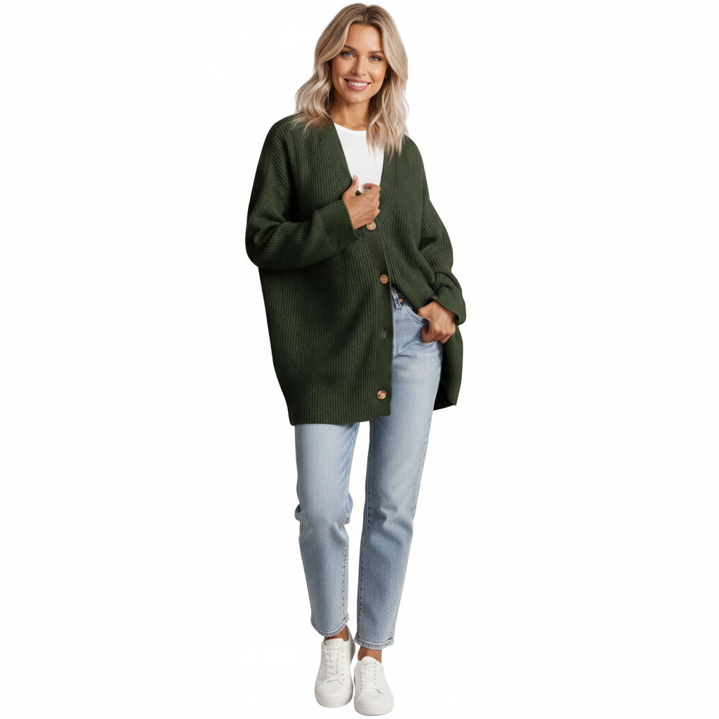 Elara | Cardigan Lungo a Righe con Bottoni Verde