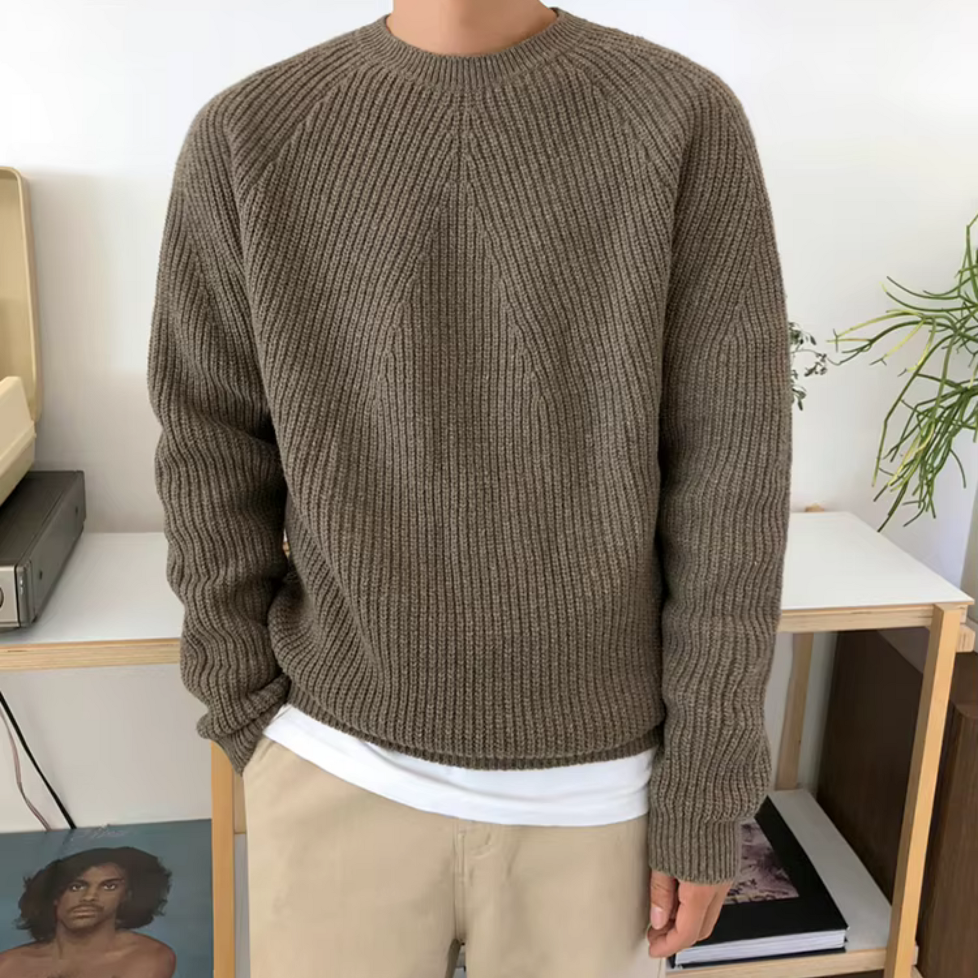 Maglione Cotone Struttura a Coste Per Uomo | Fynara Marrone