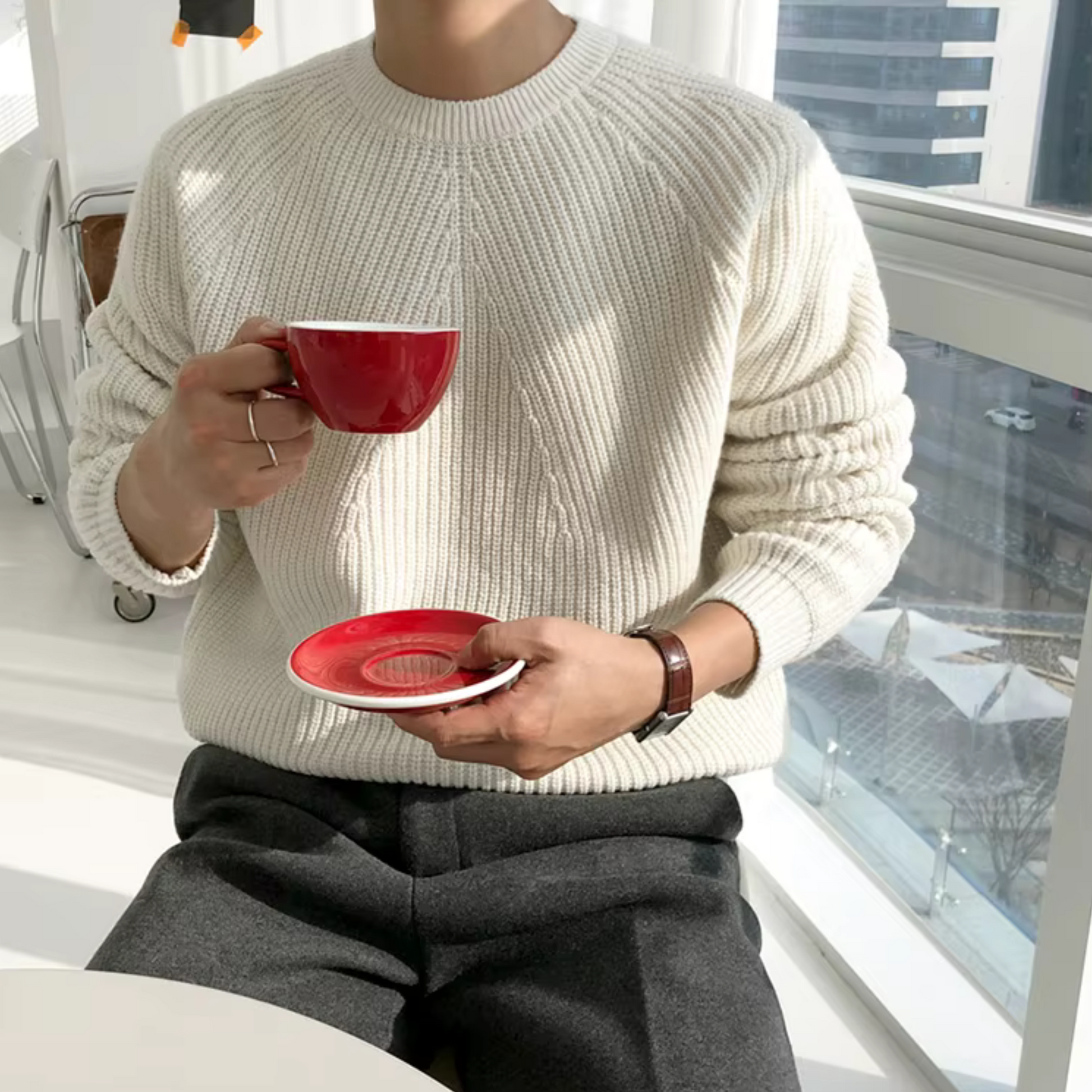 Maglione Cotone Struttura a Coste Per Uomo | Fynara Crema