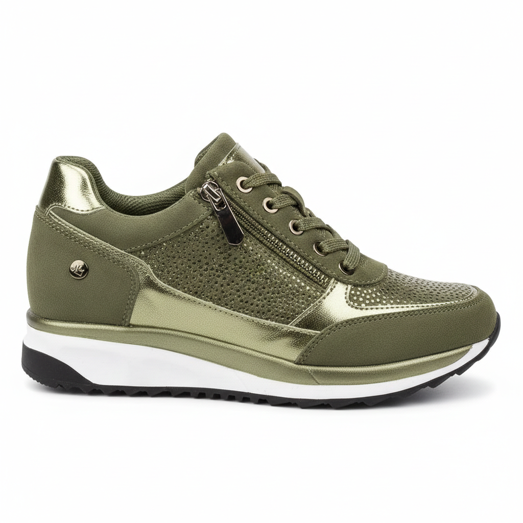 Sneakers con zeppa piattaforma da donna con zip laterale e dettagli in strass