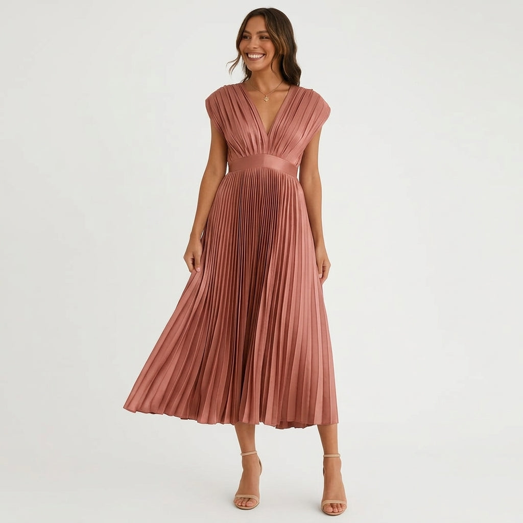 Robe midi plissée d'automne avec col en V et manches kimono