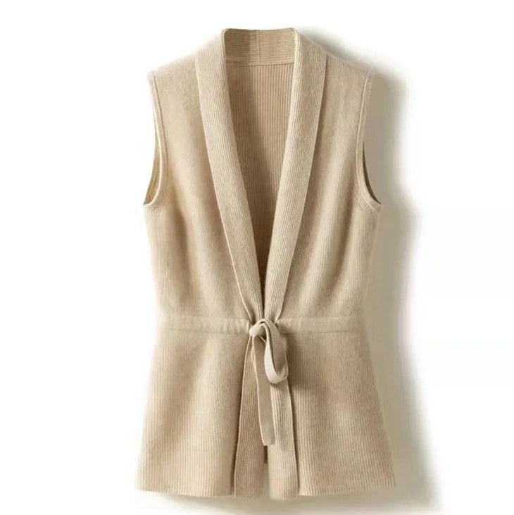 Gilet Senza Maniche in Maglia con Cintura da Donna | Elena Beige