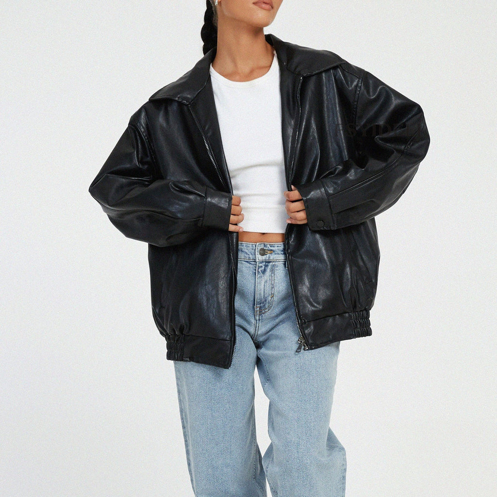 Giovanna | Donna Giacca Bomber Ecopelle Oversize Colletto a Revers Nero
