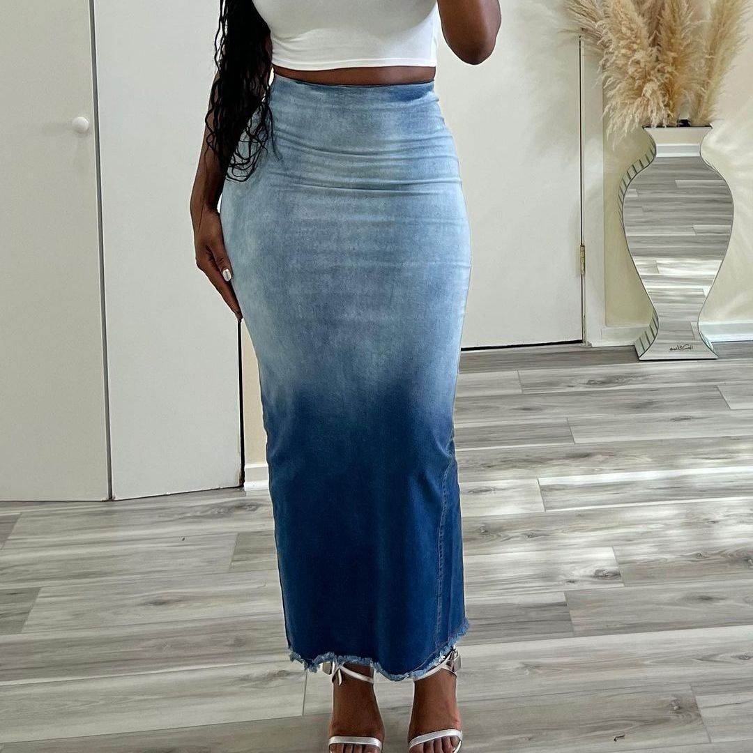 Gonfi | Gonna Di Jeans Media Con Spacco Laterale Blu