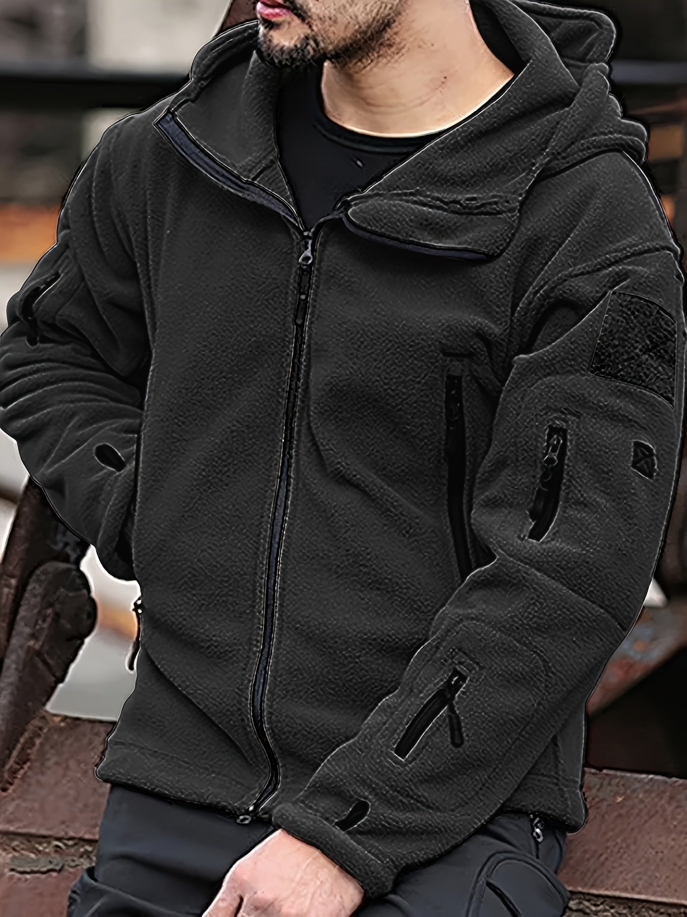 Hugo | Uomo Giacca Fleece Tattica con Cappuccio Full-Zip Nero
