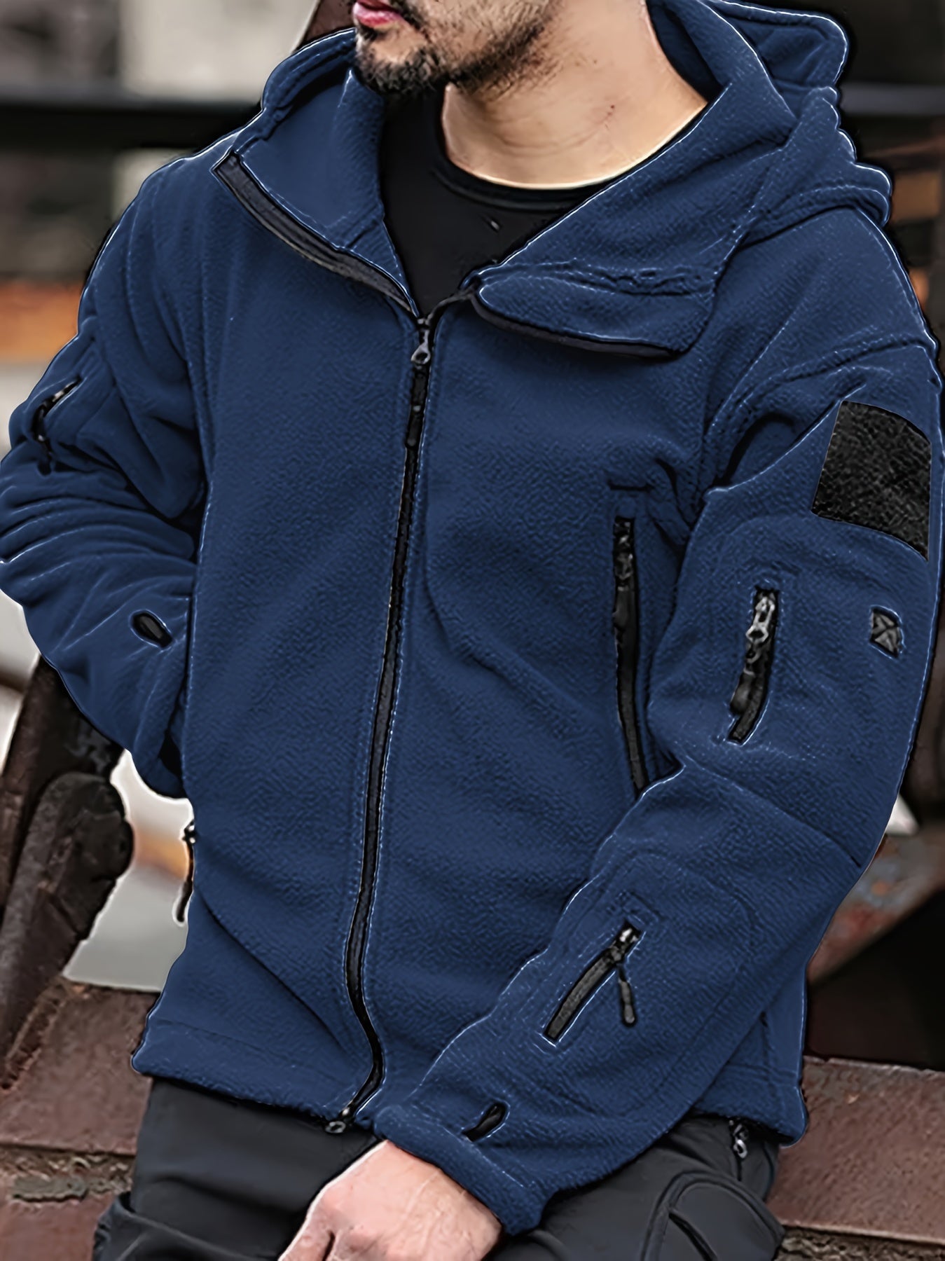 Hugo | Uomo Giacca Fleece Tattica con Cappuccio Full-Zip Blu