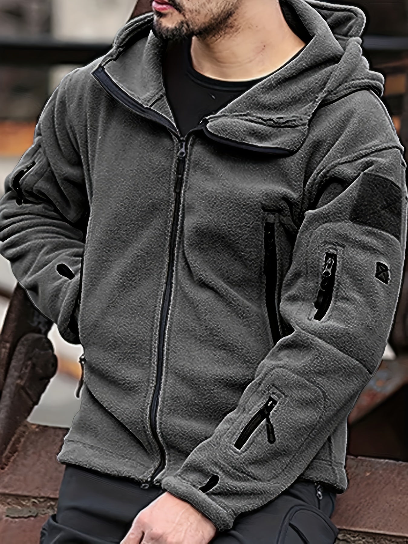 Hugo | Uomo Giacca Fleece Tattica con Cappuccio Full-Zip Grigio scuro
