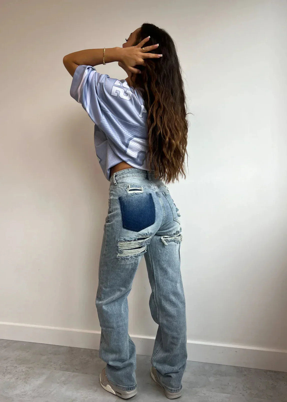 Jeans a Gamba Dritta a Vita Alta con Patchwork e Effetto Usato per Donna | Daniela Blu Scuro 3XL