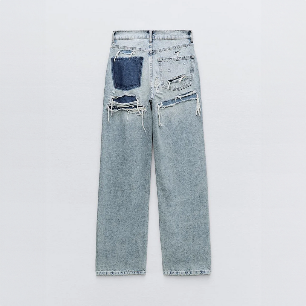 Jeans a Gamba Dritta a Vita Alta con Patchwork e Effetto Usato per Donna | Daniela