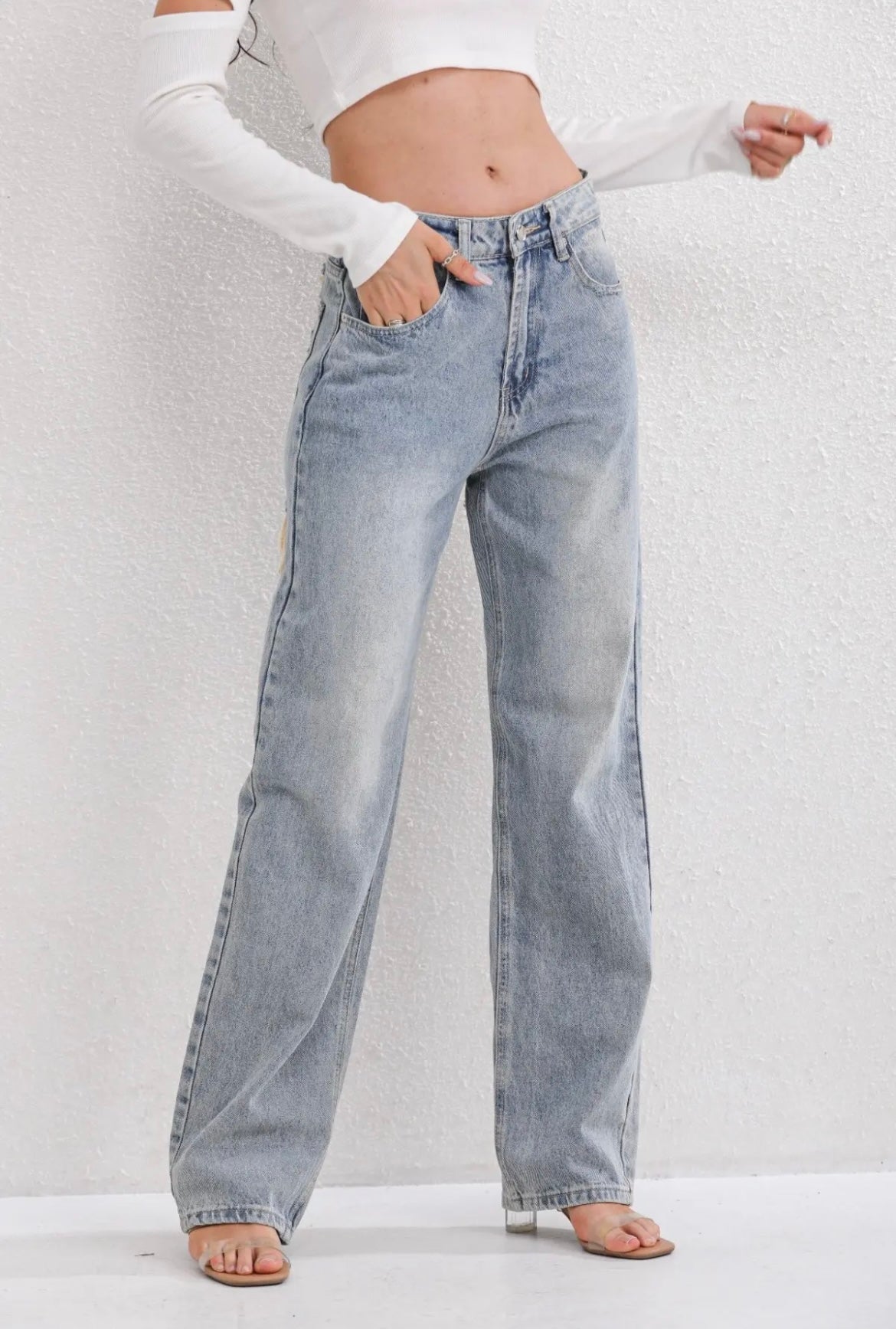 Jeans a Gamba Dritta a Vita Alta con Patchwork e Effetto Usato per Donna | Daniela