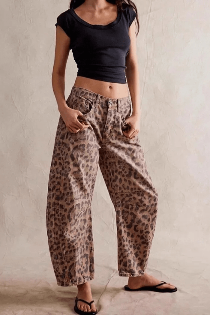 Jeans a Gamba Larga a Taglio a Barile da Donna | Shaina Leopardo