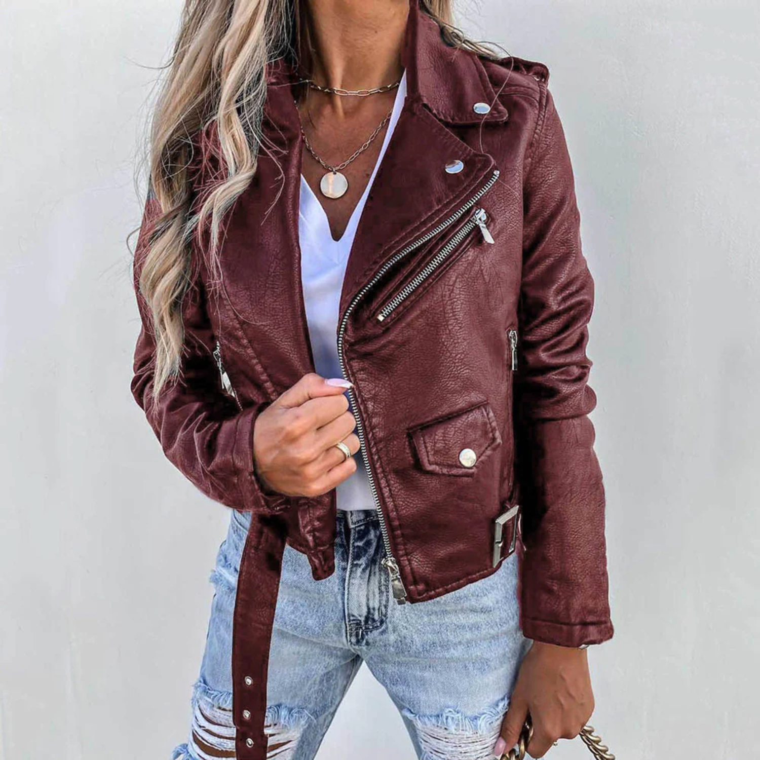 Jorlen | Giacca Biker Da Donna In Pelle Nera Con Zip Asimmetrica E Cintura Rosso