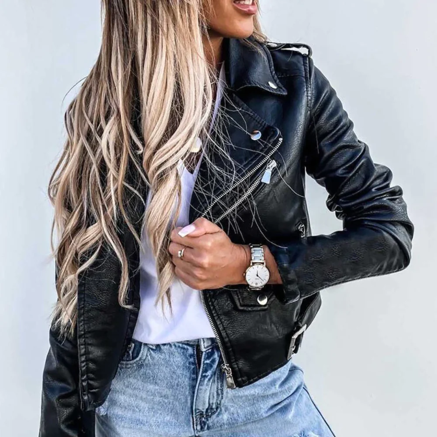 Jorlen | Giacca Biker Da Donna In Pelle Nera Con Zip Asimmetrica E Cintura Nero
