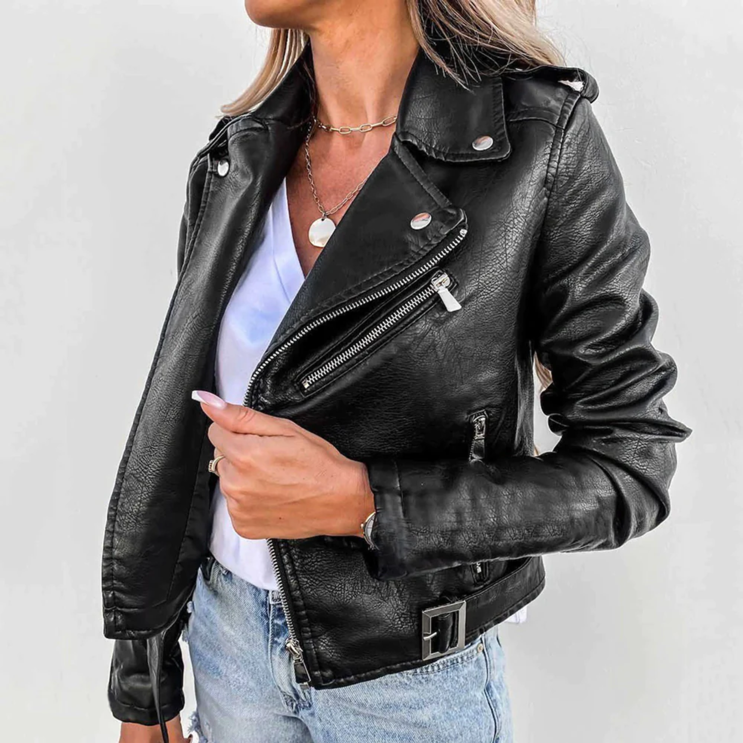 Jorlen | Giacca Biker Da Donna In Pelle Nera Con Zip Asimmetrica E Cintura 2