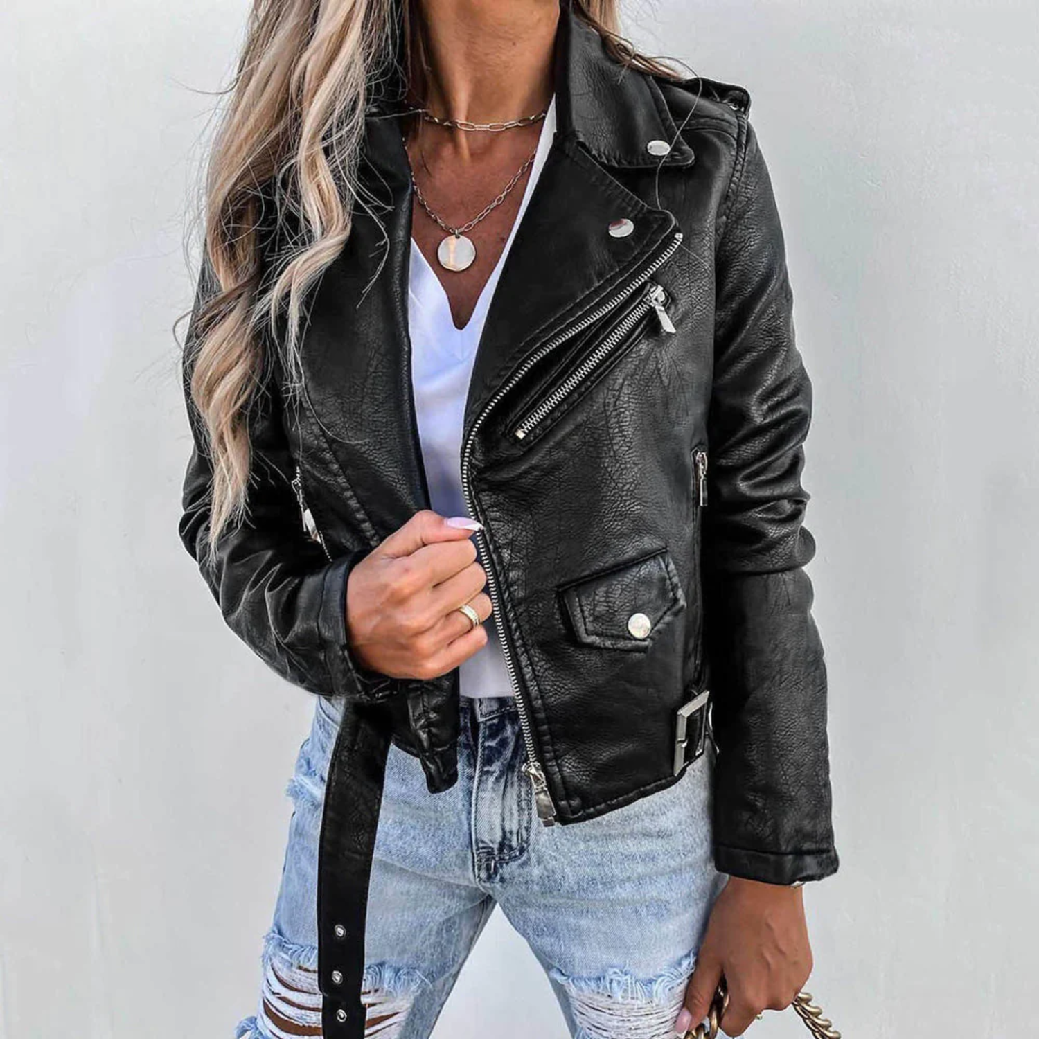 Jorlen | Giacca Biker Da Donna In Pelle Nera Con Zip Asimmetrica E Cintura 4