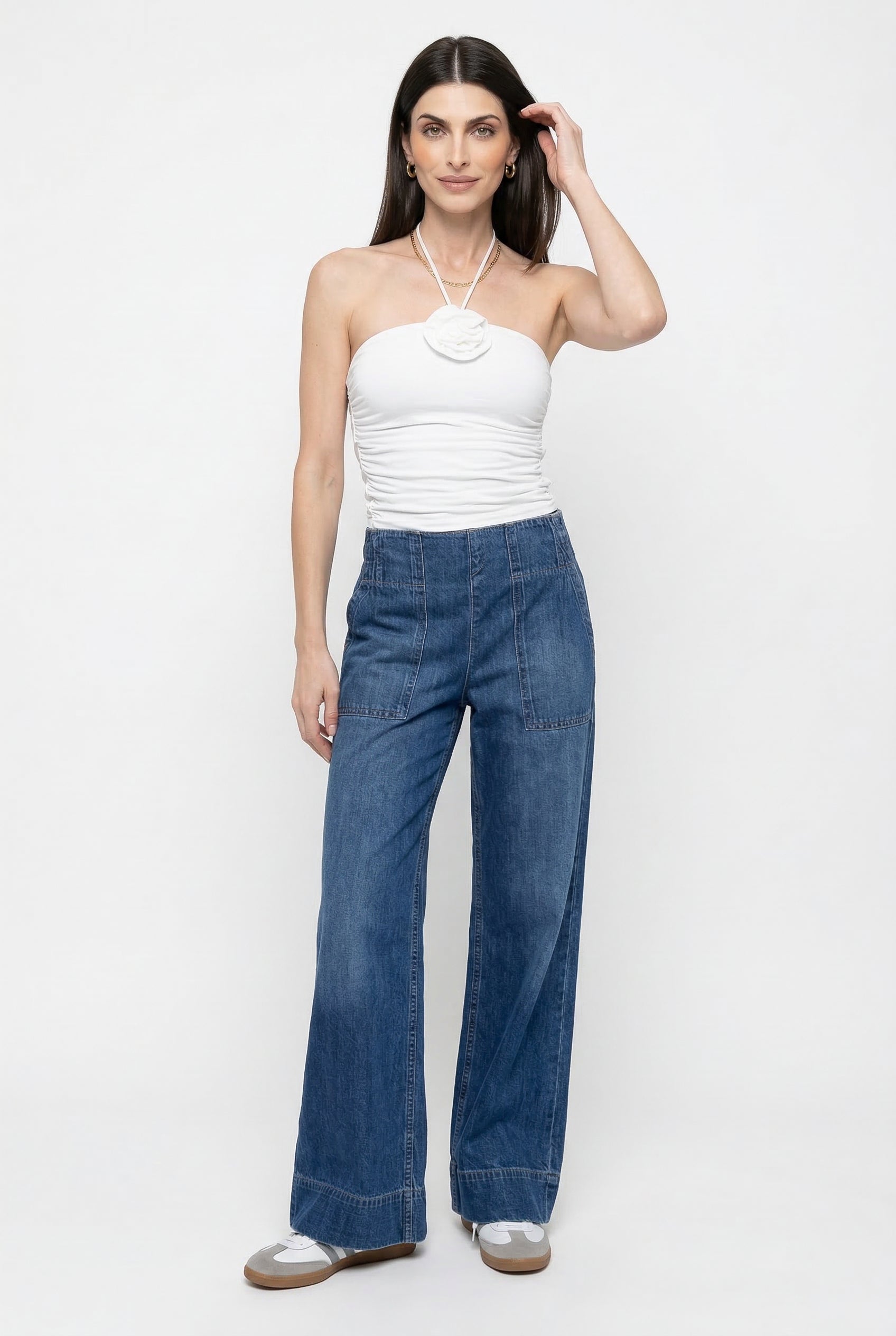 Julia | Donna Jeans a Gamba Larga Vita Alta Tasche Applicate 1