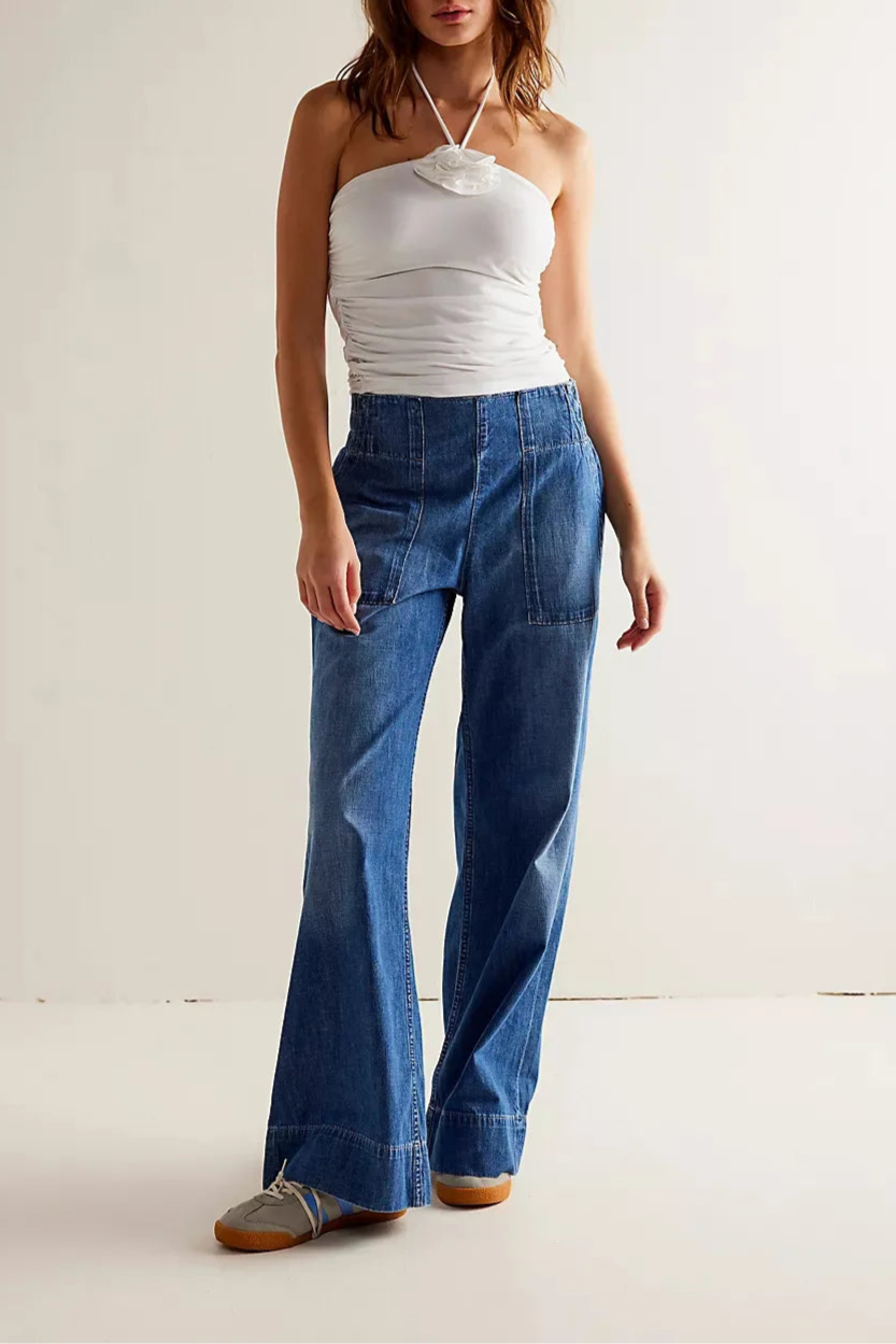 Julia | Donna Jeans a Gamba Larga Vita Alta Tasche Applicate