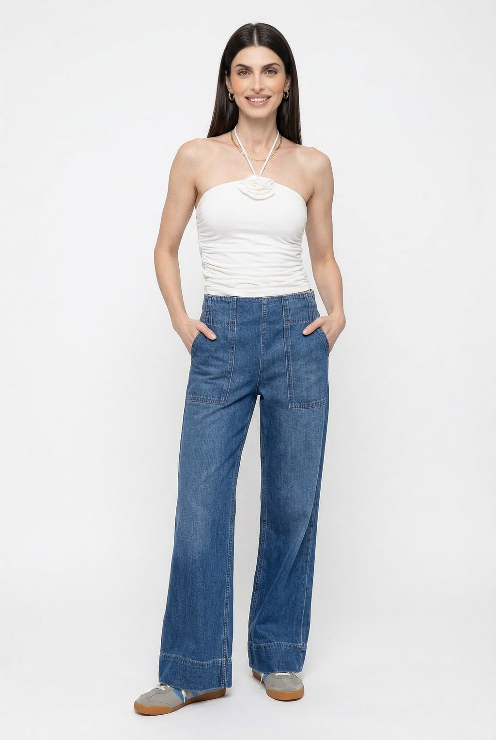 Julia | Donna Jeans a Gamba Larga Vita Alta Tasche Applicate