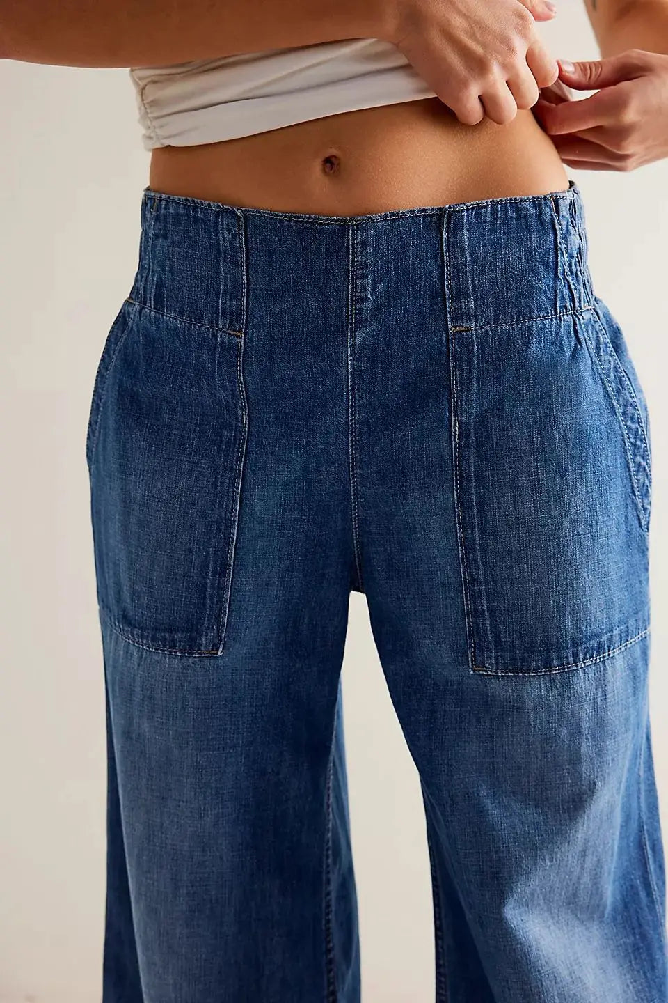 Julia | Donna Jeans a Gamba Larga Vita Alta Tasche Applicate