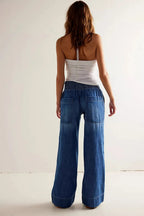 Julia | Donna Jeans a Gamba Larga Vita Alta Tasche Applicate