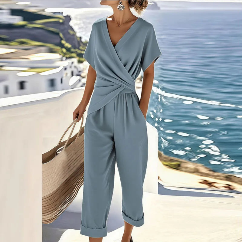 Julia | Tuta da Donna Incrociata Scollo a V Manica Corta Cropped 1