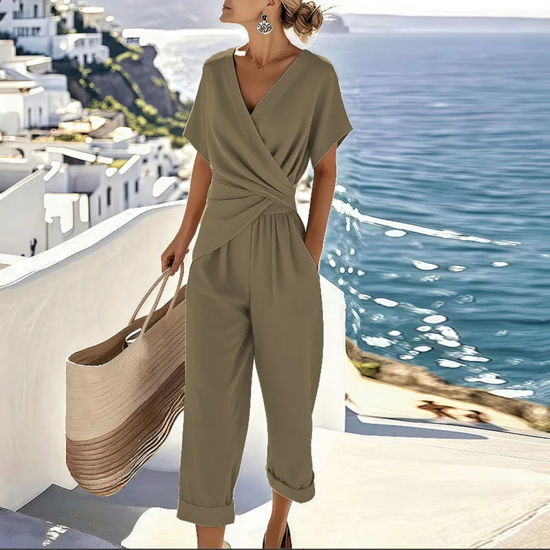 Julia | Tuta da Donna Incrociata Scollo a V Manica Corta Cropped Kaki