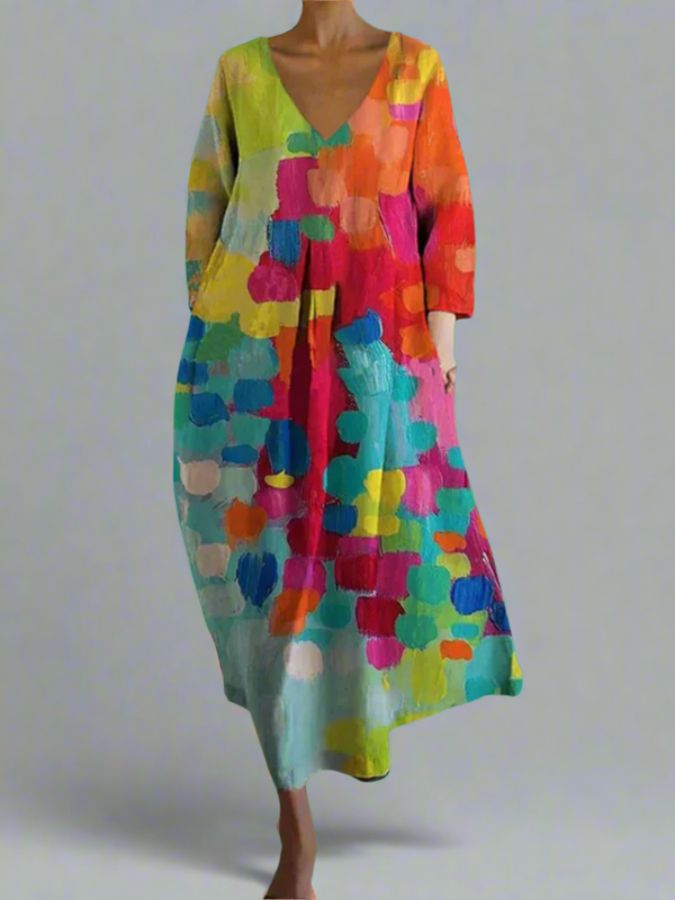 Damen Sommerkleid mit V-Ausschnitt und Print, legerer Swing-Stil