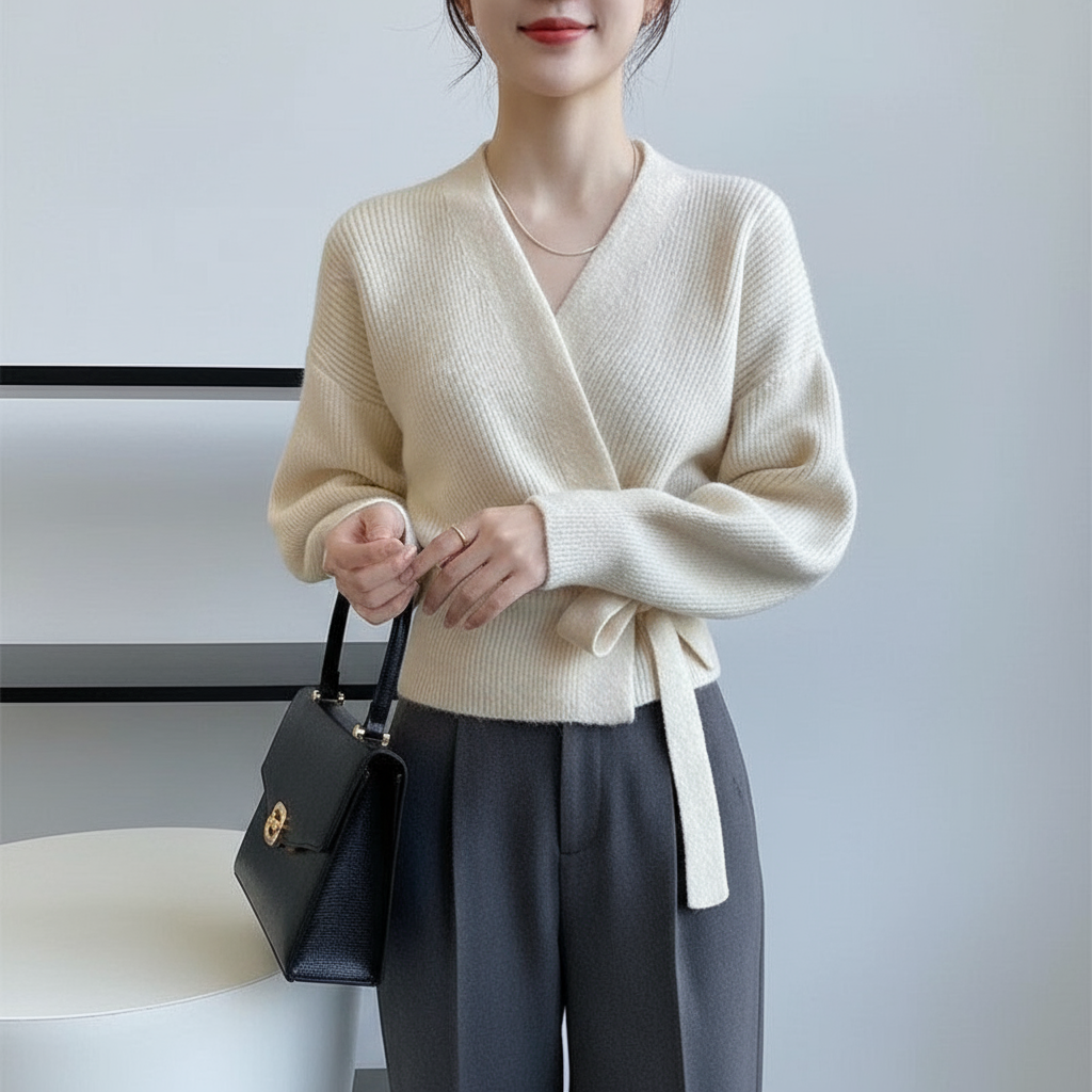 Lima | Cardigan Wrap Maglia con Laccio Avvolgente Beige Taglia Unica