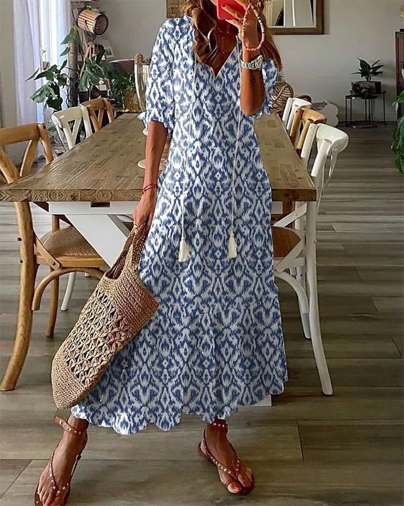 Women's V-Neck Geometric Print Midi Dress