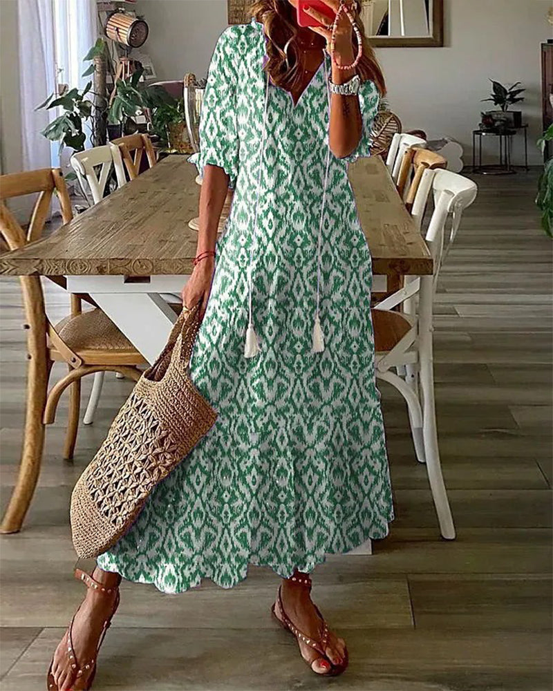 Women's V-Neck Geometric Print Midi Dress