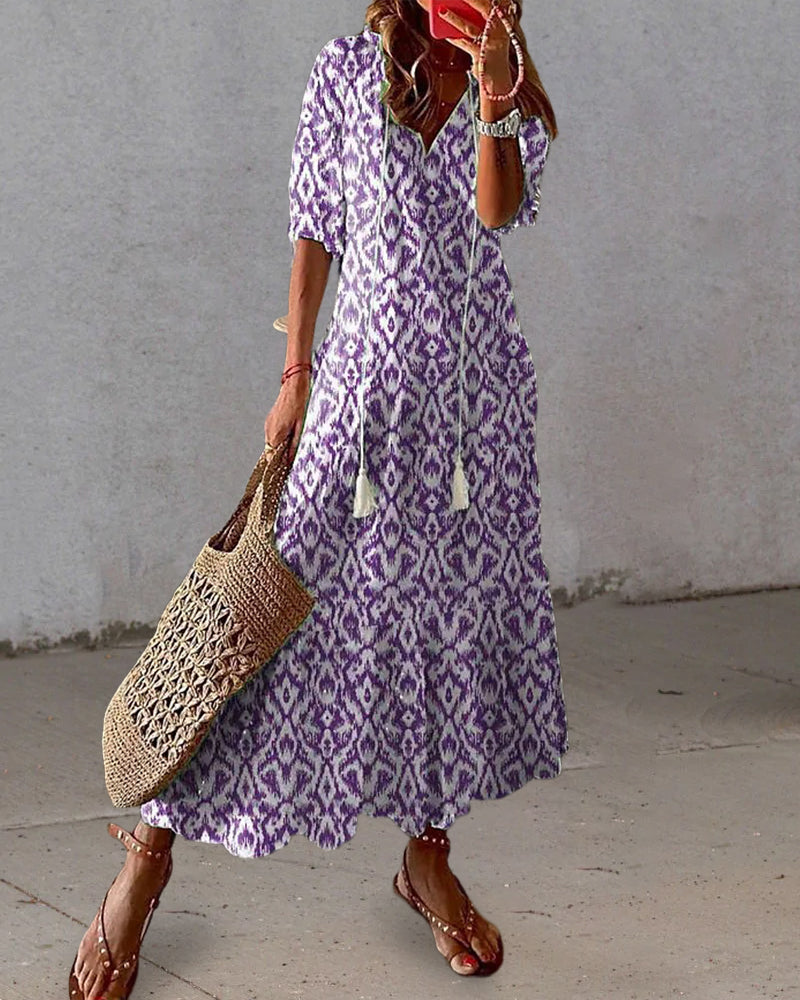 Women's V-Neck Geometric Print Midi Dress