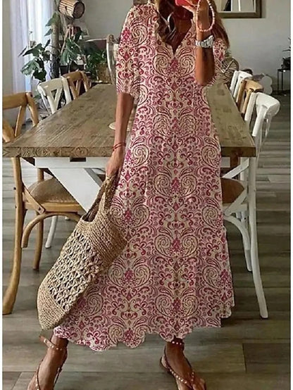 Women's V-Neck Geometric Print Midi Dress