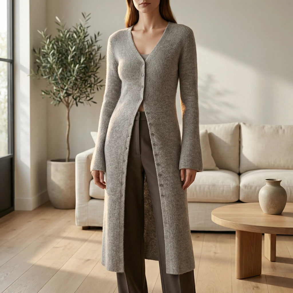 Cardigan lungo da donna con bottoni e maniche svasate