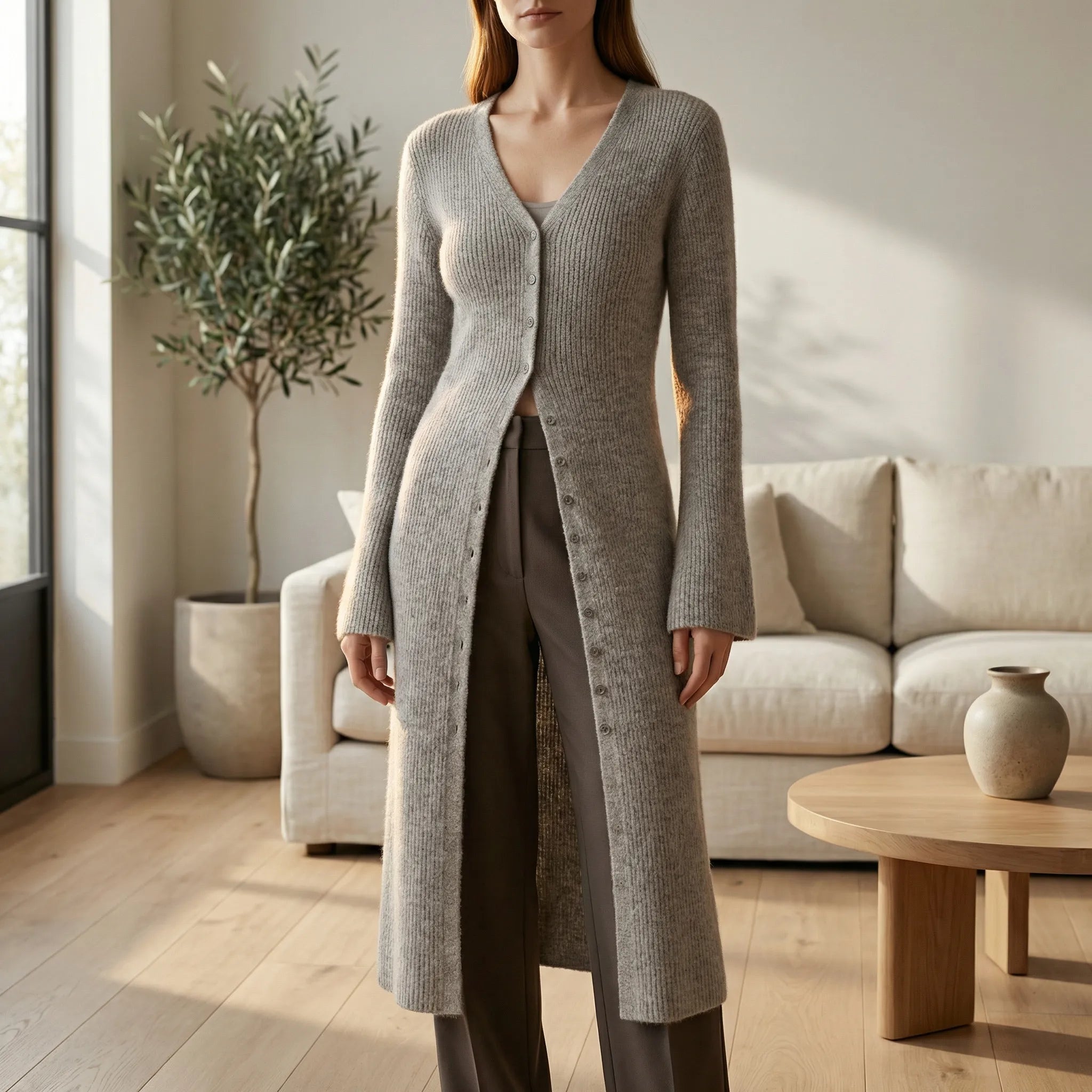 Cardigan lungo da donna con bottoni e maniche svasate