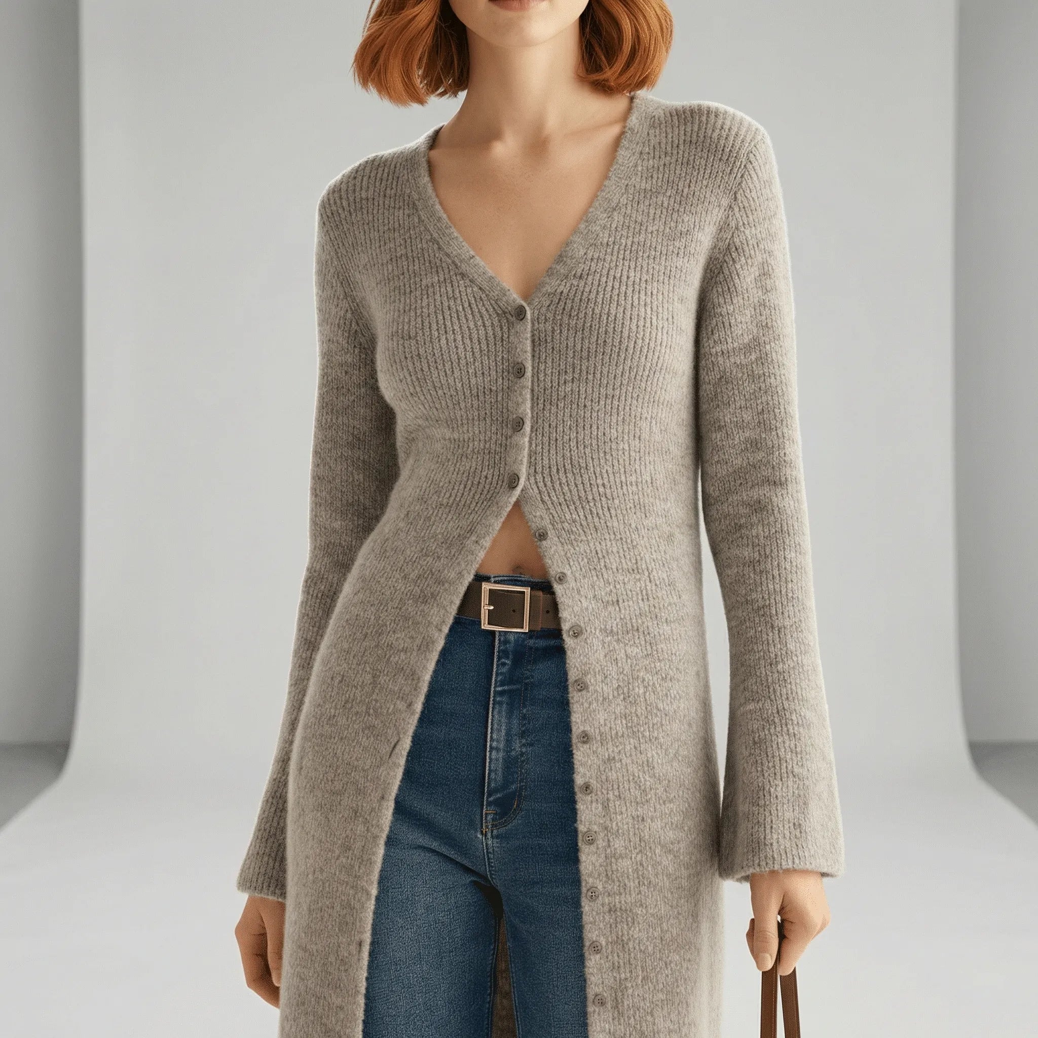 Cardigan lungo da donna con bottoni e maniche svasate