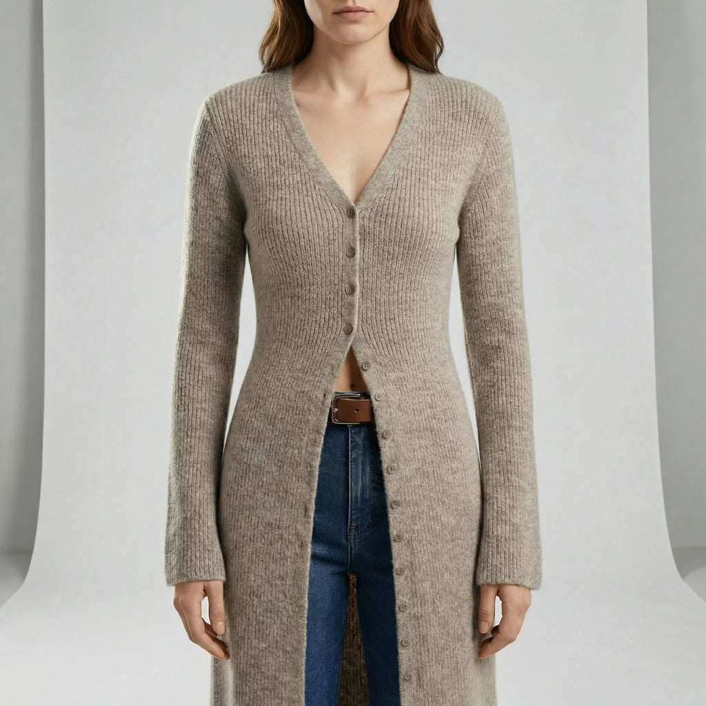 Cardigan lungo da donna con bottoni e maniche svasate