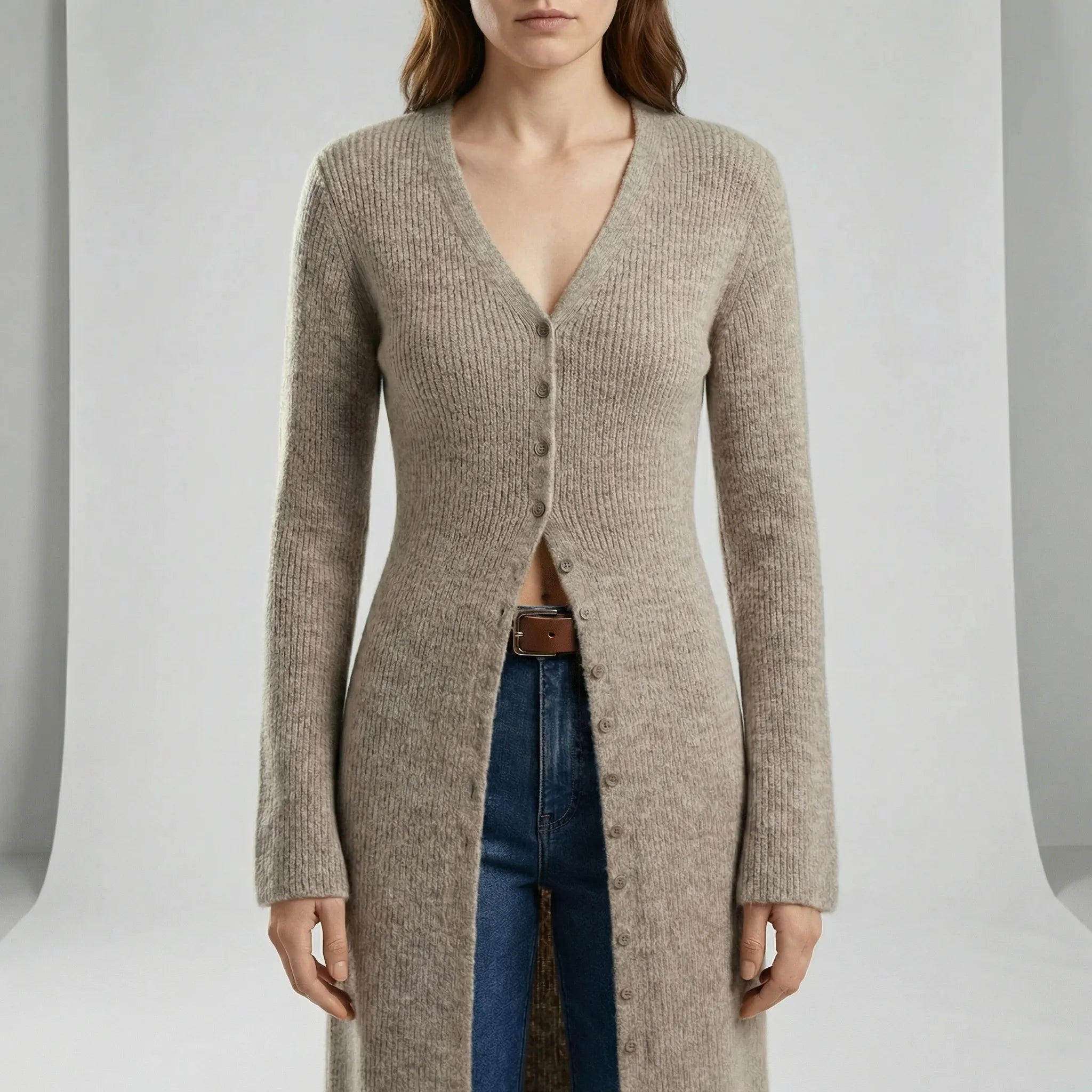Cardigan lungo da donna con bottoni e maniche svasate