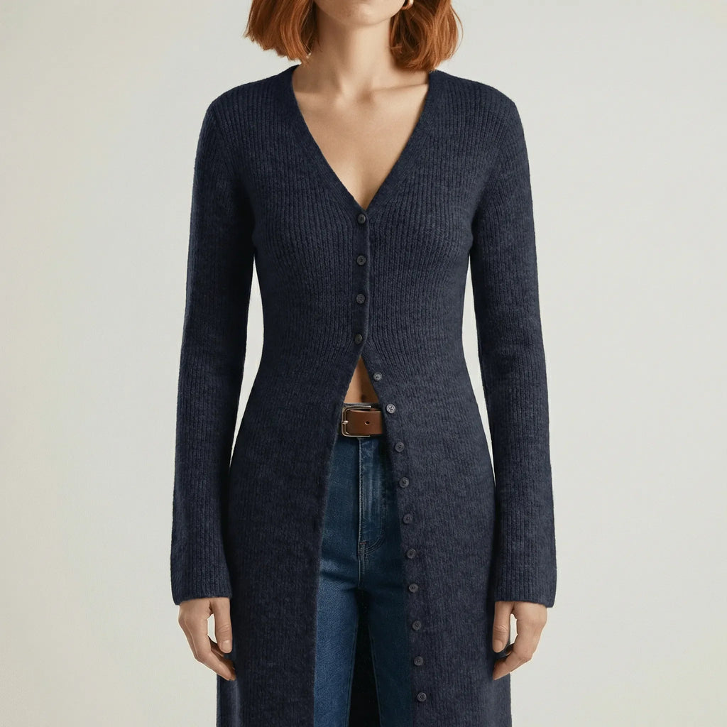 Cardigan lungo da donna con bottoni e maniche svasate