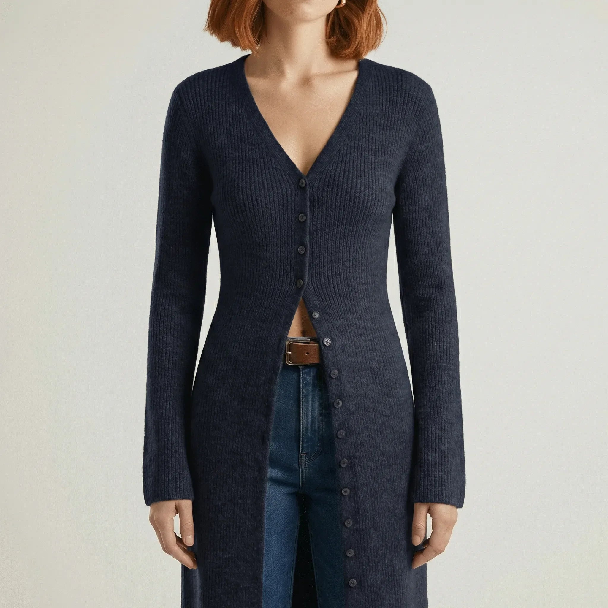 Cardigan lungo da donna con bottoni e maniche svasate