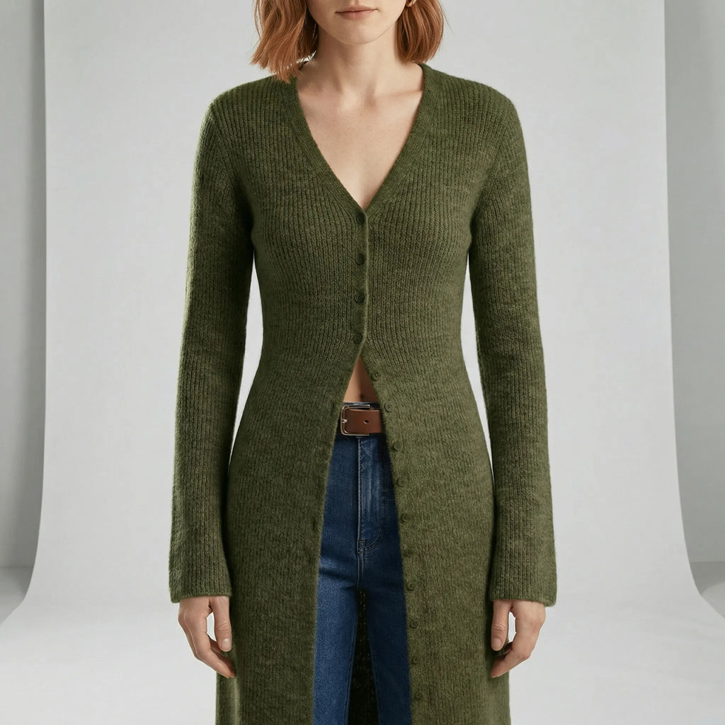 Cardigan lungo da donna con bottoni e maniche svasate