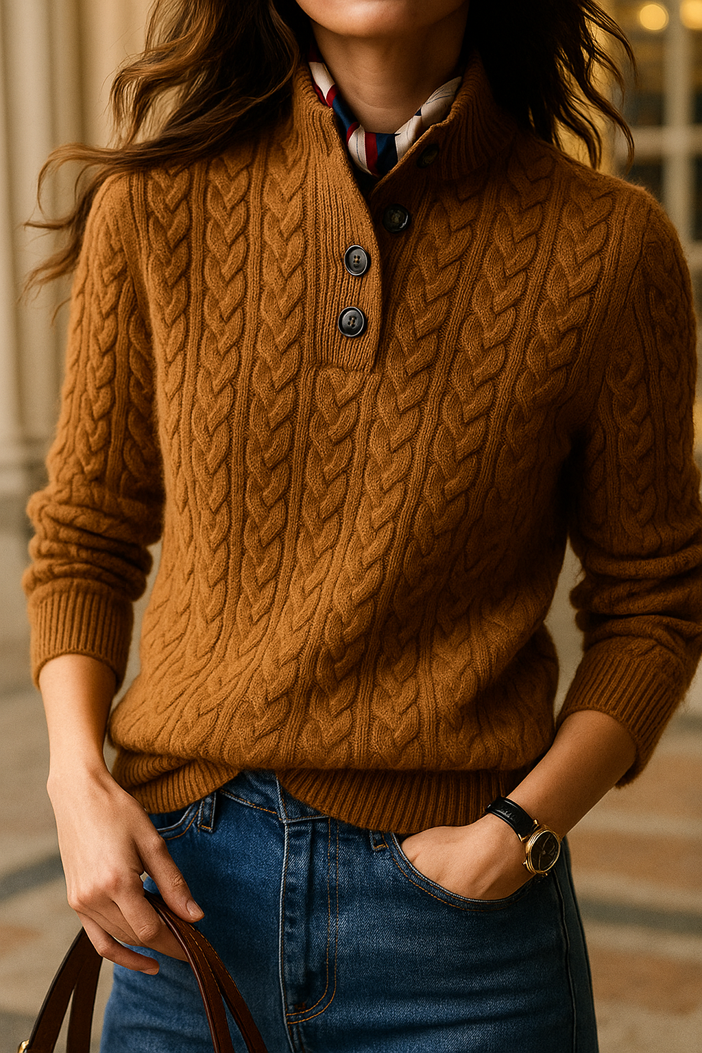 Maglione Donna a Treccia con Colletto e Bottoni | Elisa Marrone